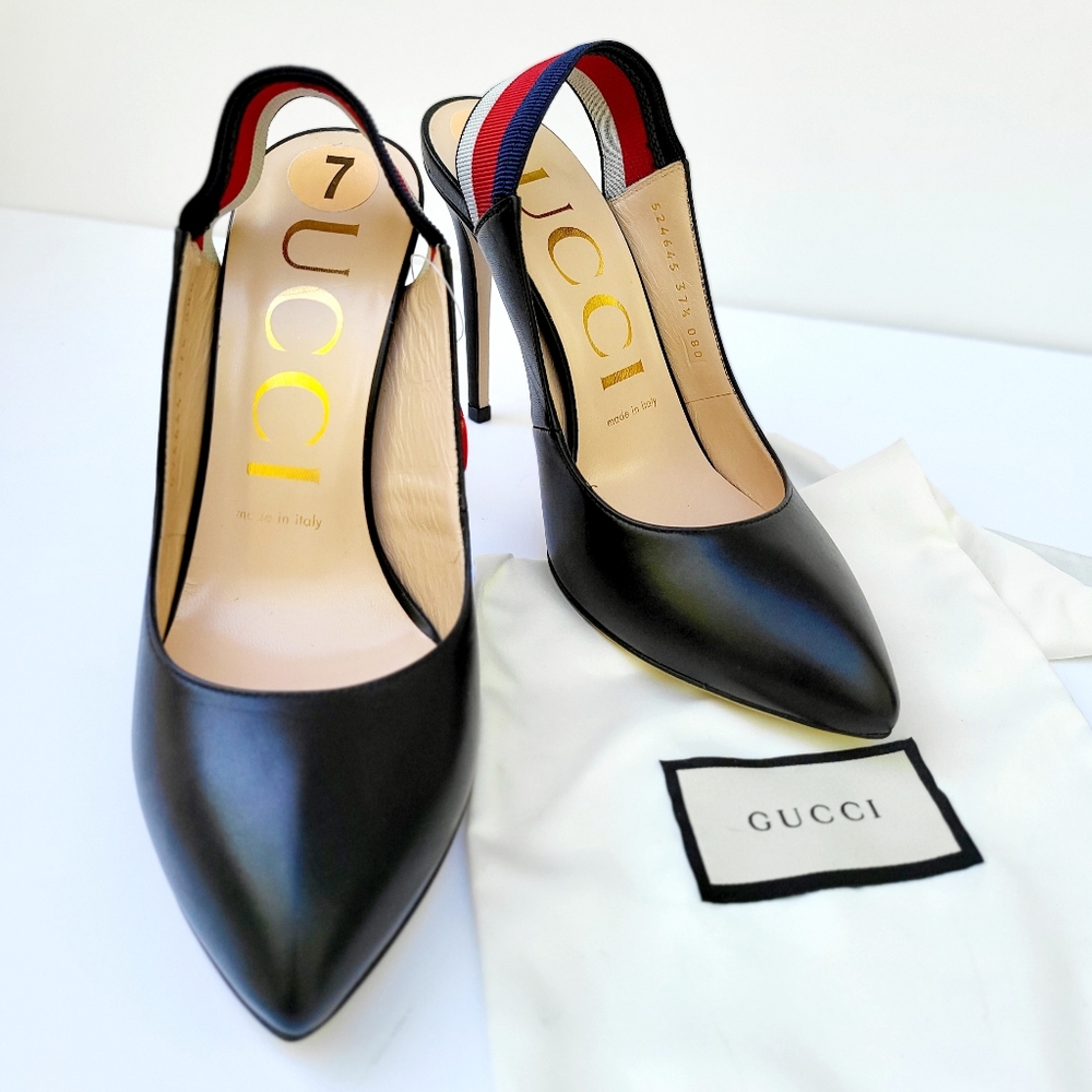 NWOT GUCCI Sylvie 75 Black Leather Red Slingback Strap Sandal Mule Heel Pump37.5 - Picture 3 of 16